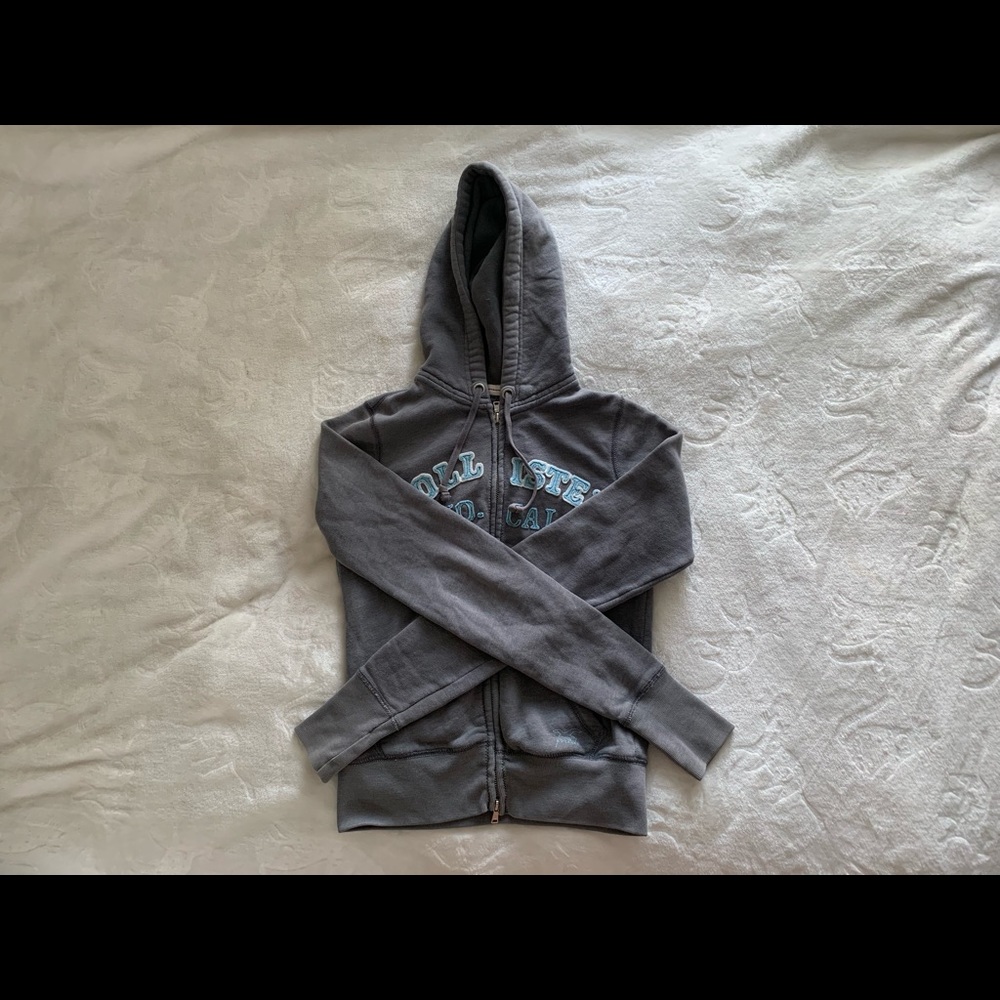 Grey and light blue hollister zip up sweatshirt